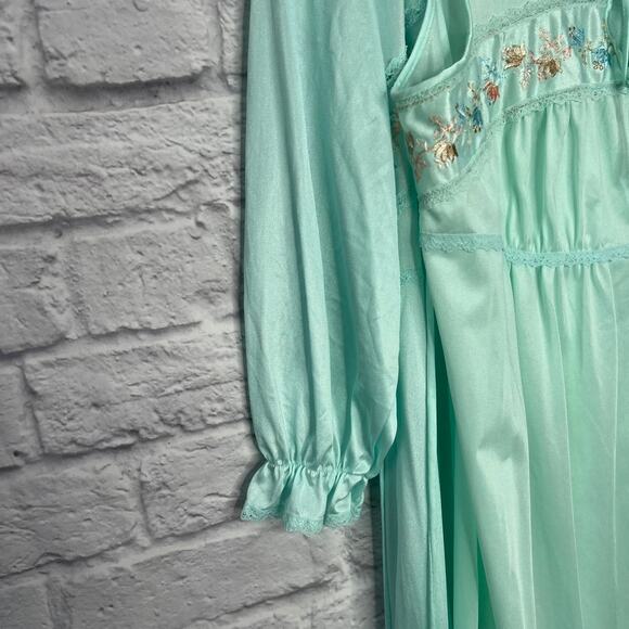 Vintage Texsheen Peignoir Nightgown Set Teal Blue Size M Shiny Long Floral 60/70 - Picture 9 of 14